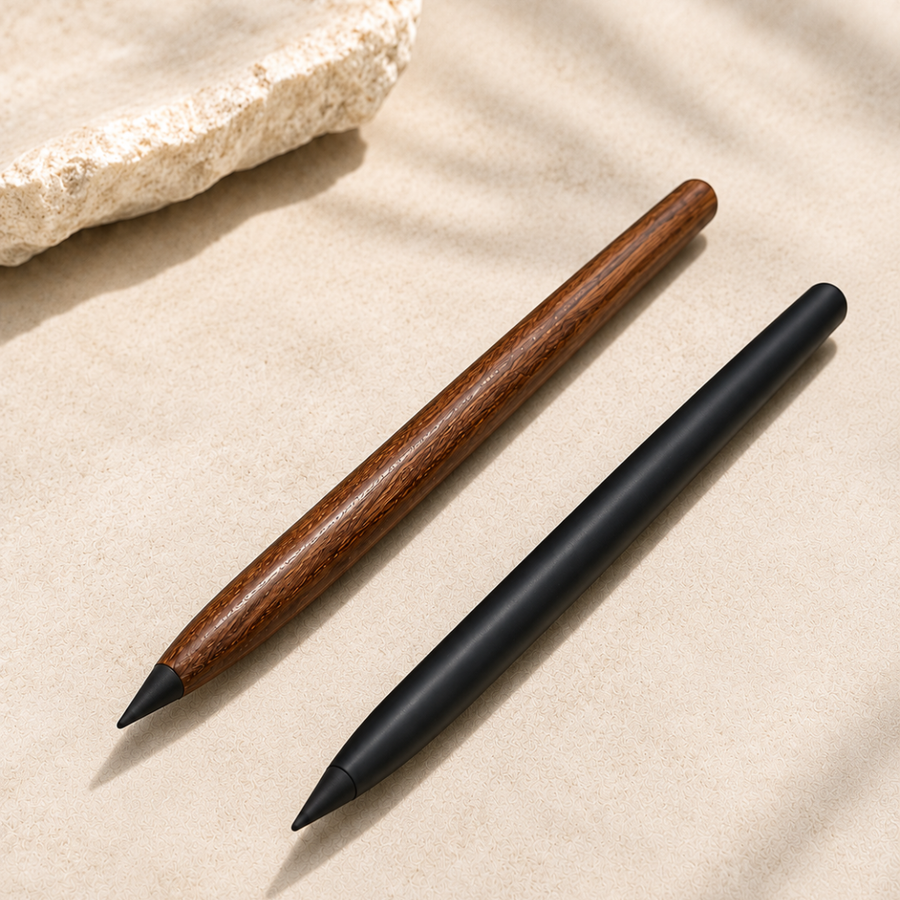 The Infinity Pencil in walnut and black finishes, side by side
