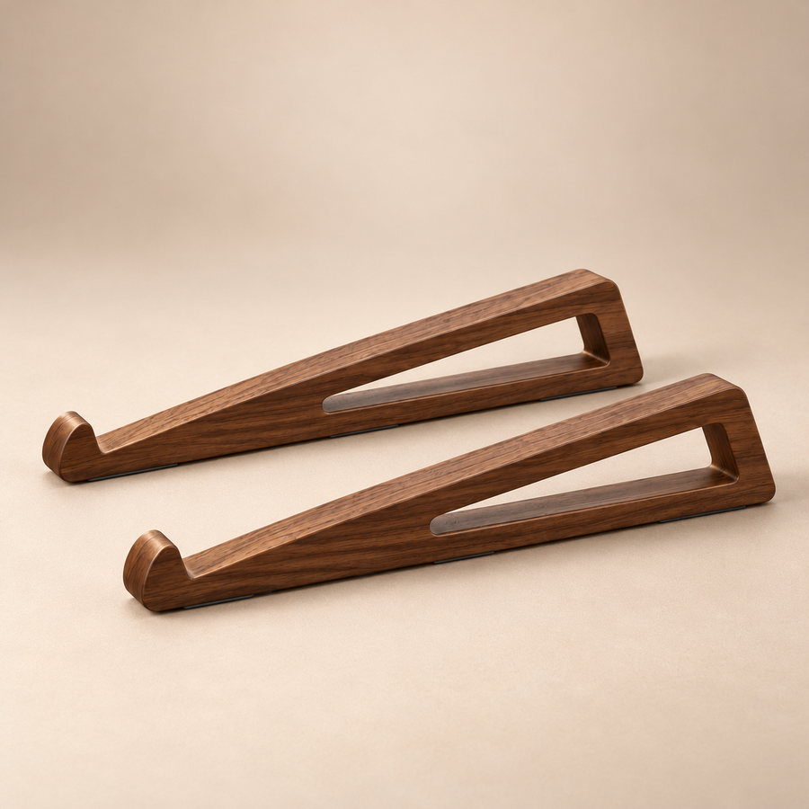 The Laptop Stand, two angled wooden supports, on an oat background