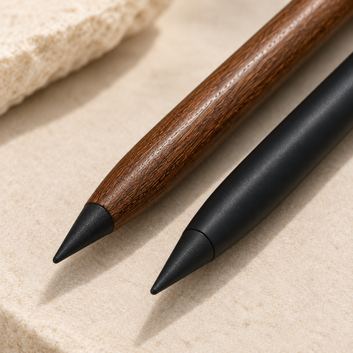 Close up of the fine metal writing tips of The Infinity Pencil