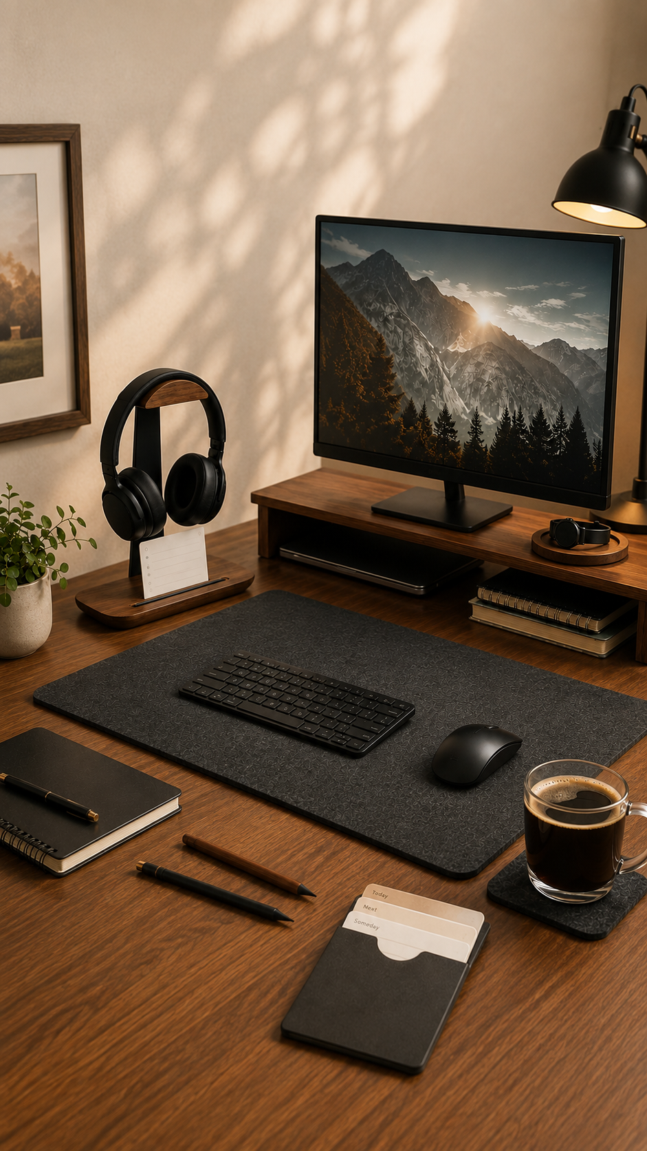 A tidy timber desk with a charcoal felt desk mat under the keyboard, headphones on a walnut stand, a coffee on a felt coaster and a card in a wooden holder