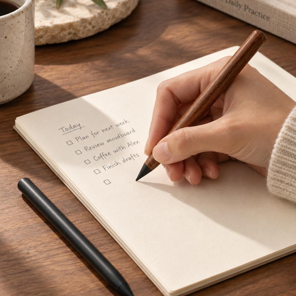 A hand writing a list in a notebook with The Infinity Pencil
