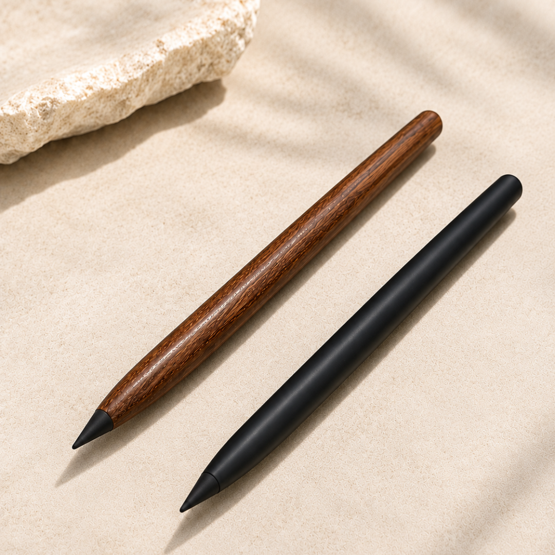 The Infinity Pencil in walnut and black finishes, side by side