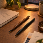 Two Infinity Pencils on a timber desk beside a closed notebook