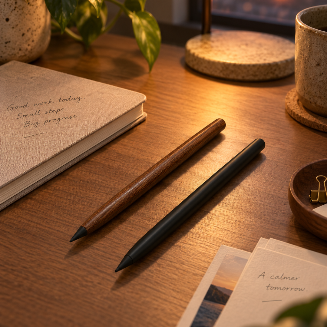 Two Infinity Pencils on a timber desk beside a closed notebook