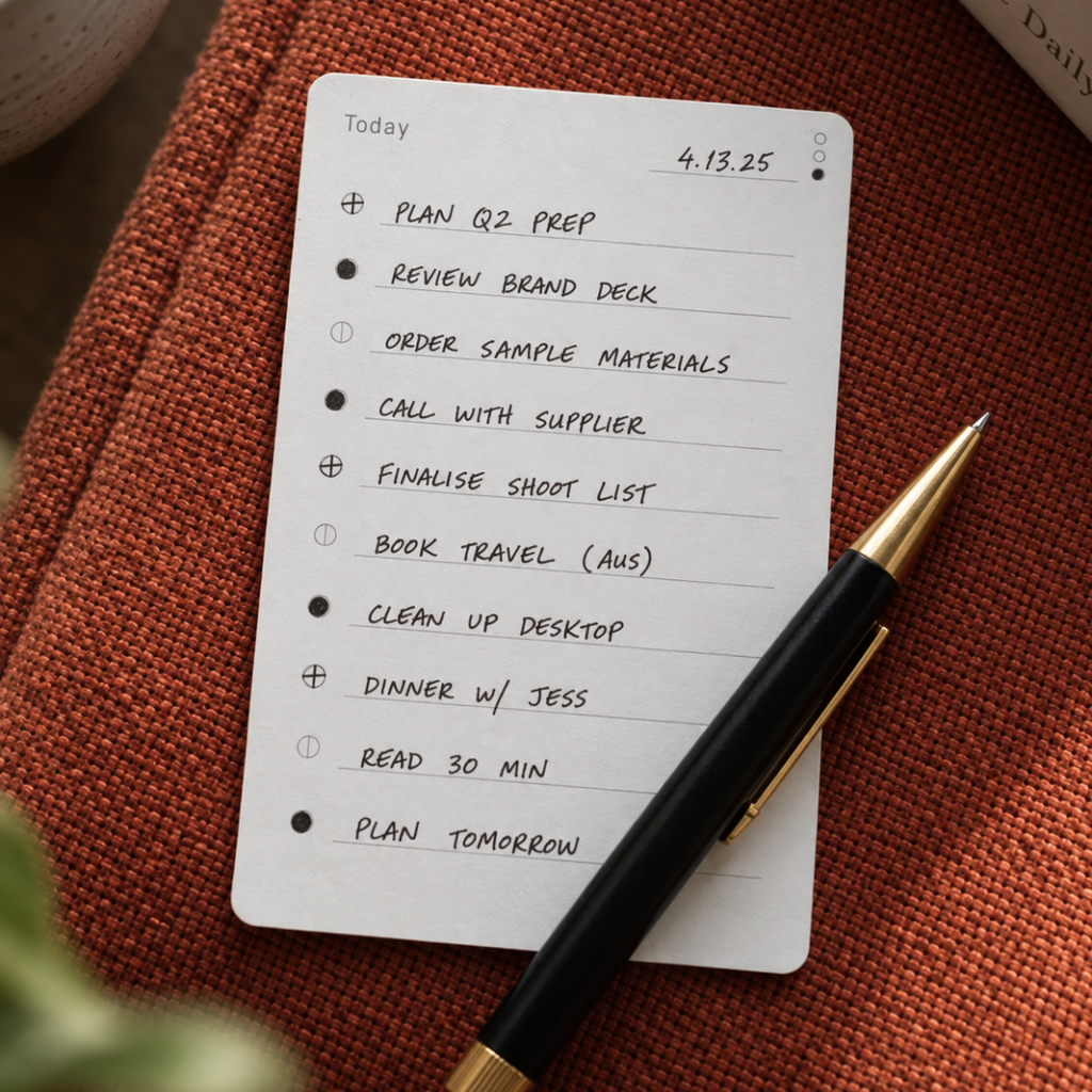 A Today card with a handwritten list and a pen