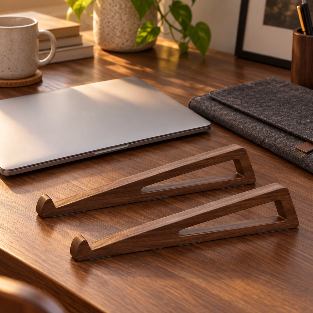 The two Laptop Stand supports on a timber desk beside a closed laptop