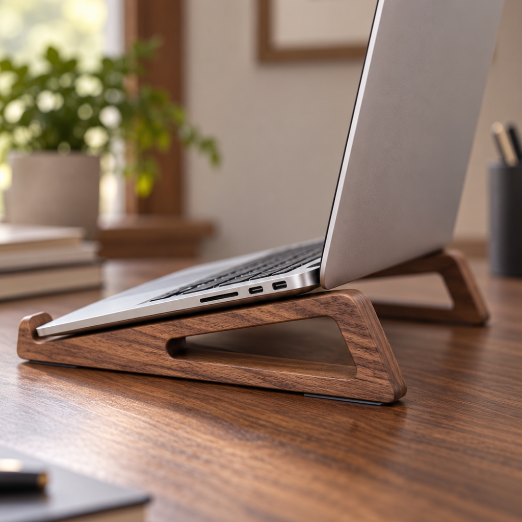 A laptop sitting on The Laptop Stand at a desk