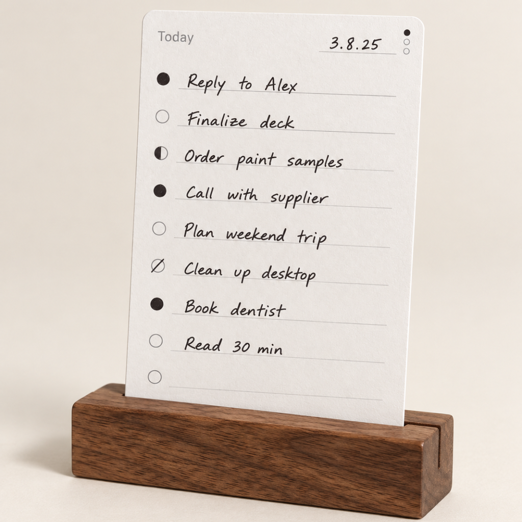 The Note Card Holder with a handwritten list card standing upright