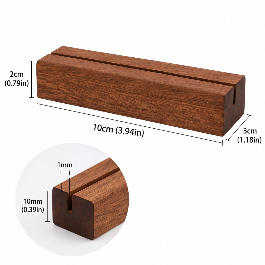 The Note Card Holder with its dimensions and card slot size marked