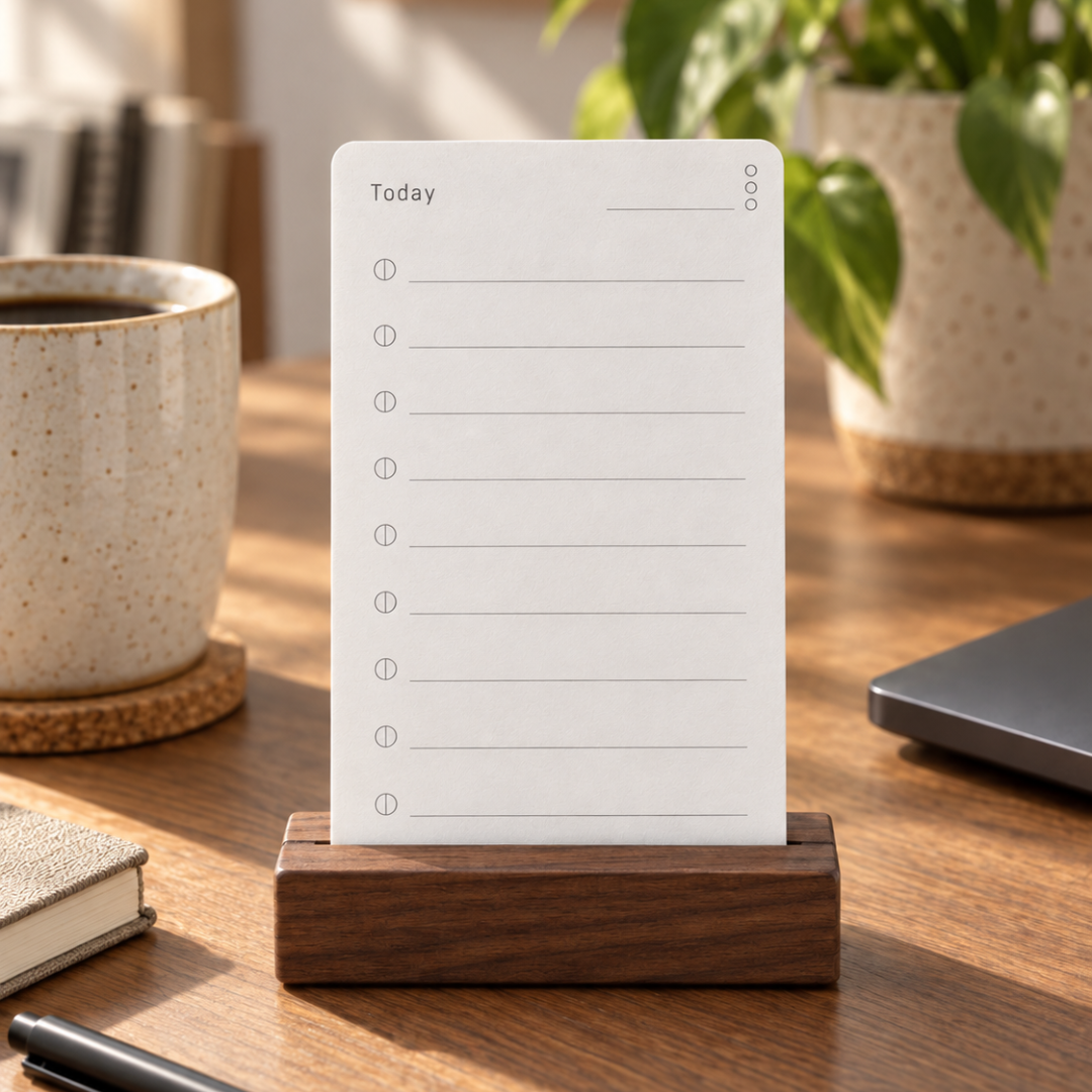 The Note Card Holder with a blank card on a desk beside a cup