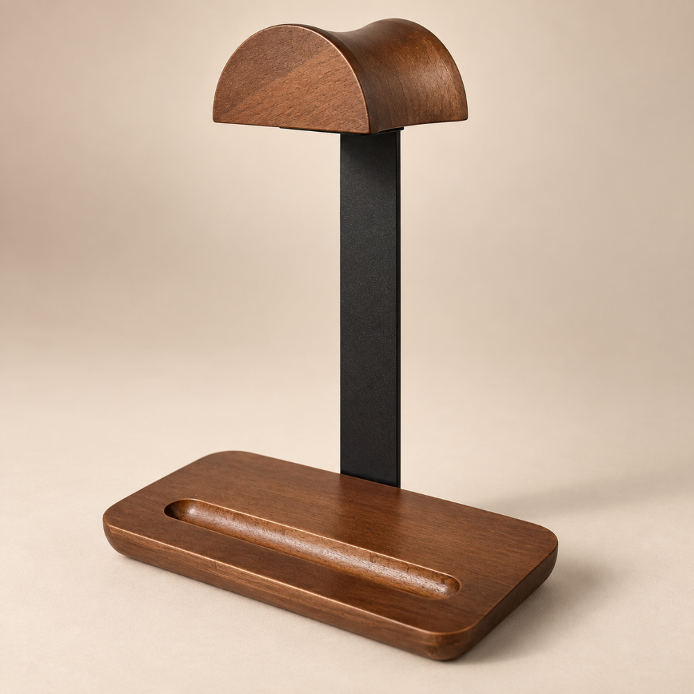 The Headphone Stand with a walnut base and top support and a black metal upright