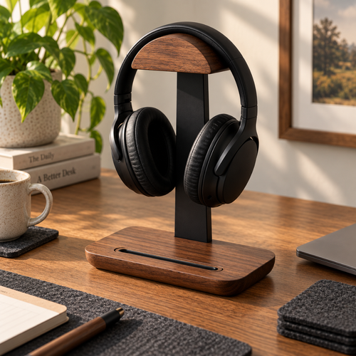 The Headphone Stand holding black over ear headphones on a timber desk