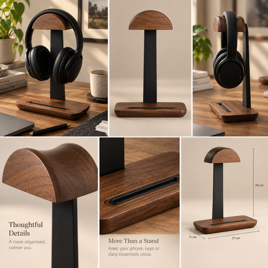 Detail views of The Headphone Stand, including the top support and base channel