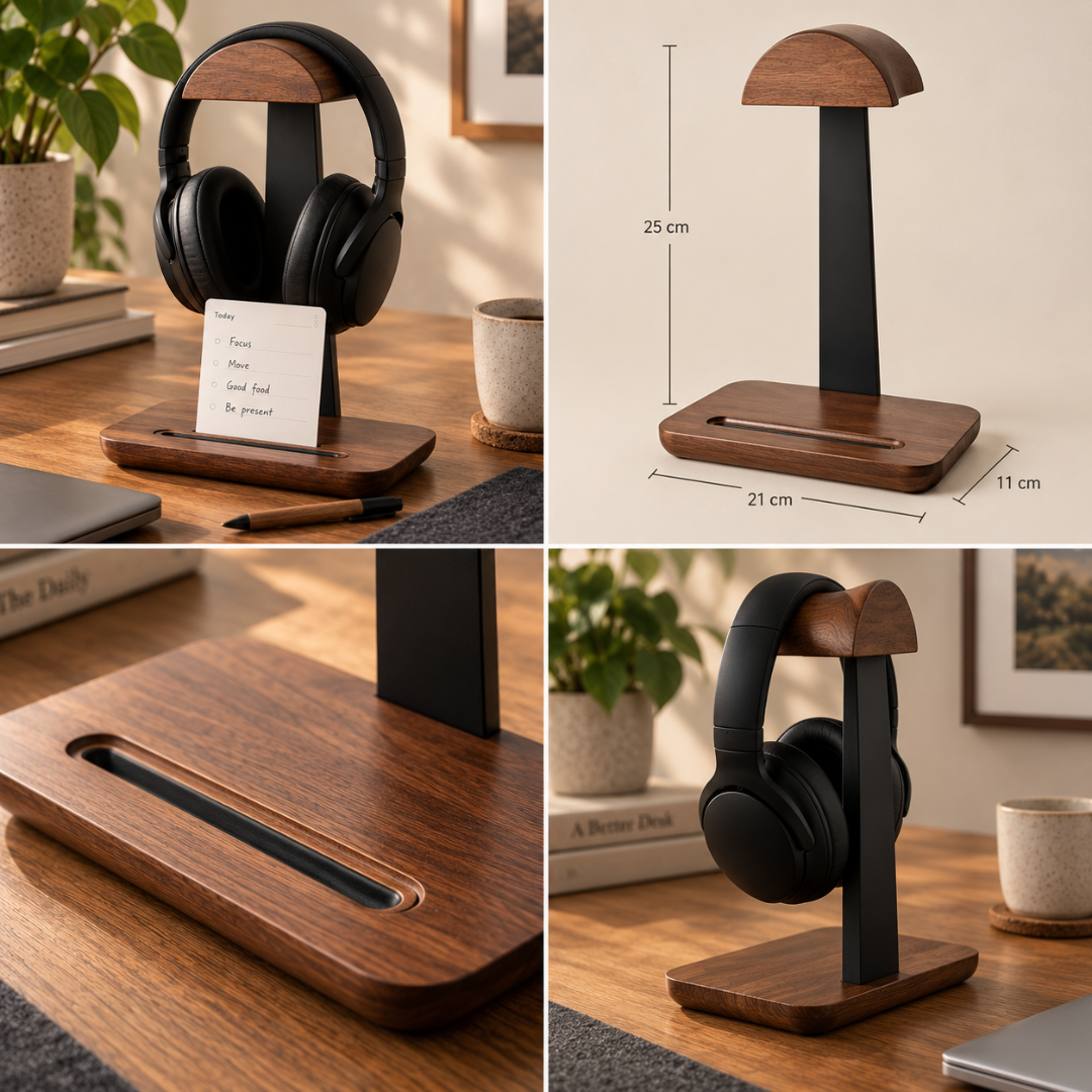 The Headphone Stand with its height and footprint dimensions marked