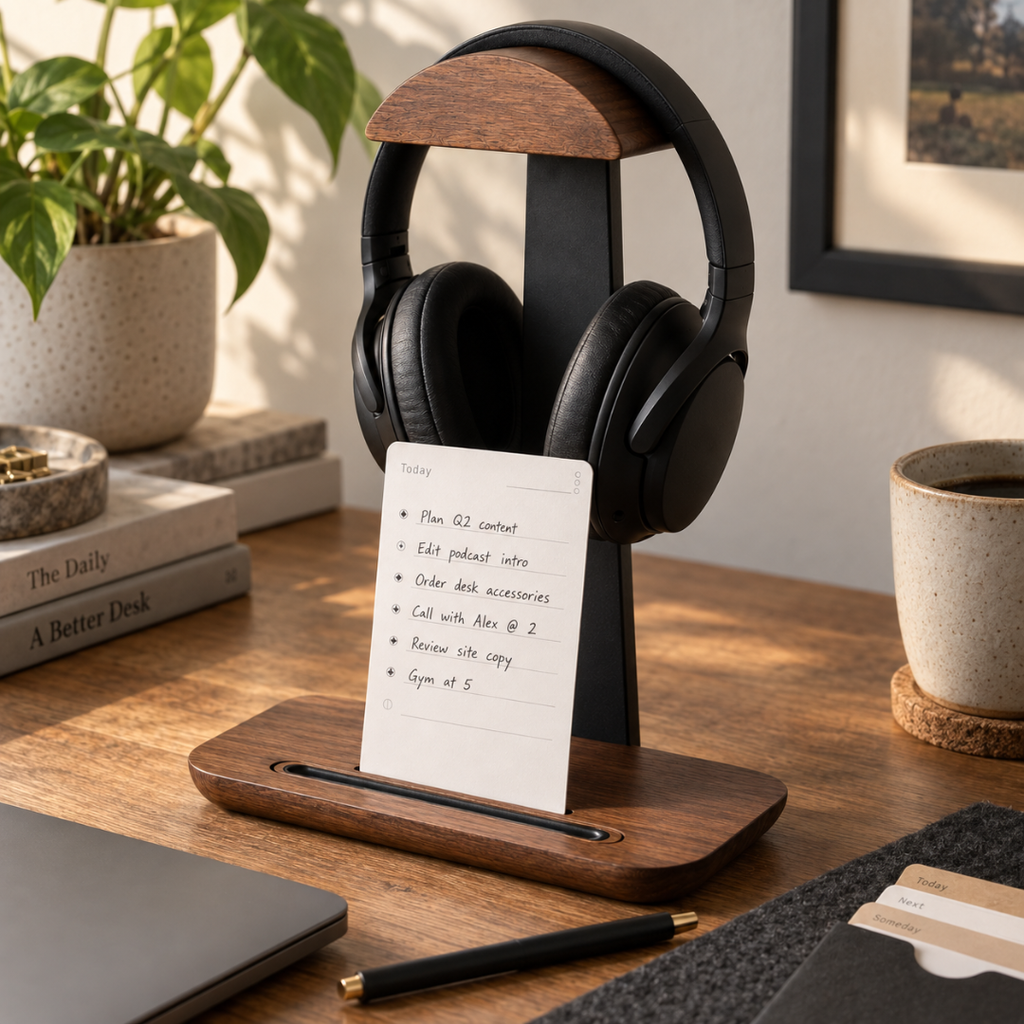 The Headphone Stand holding headphones, with a Daily Card standing in the base
