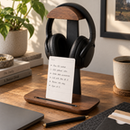 The Headphone Stand holding headphones, with a Daily Card standing in the base