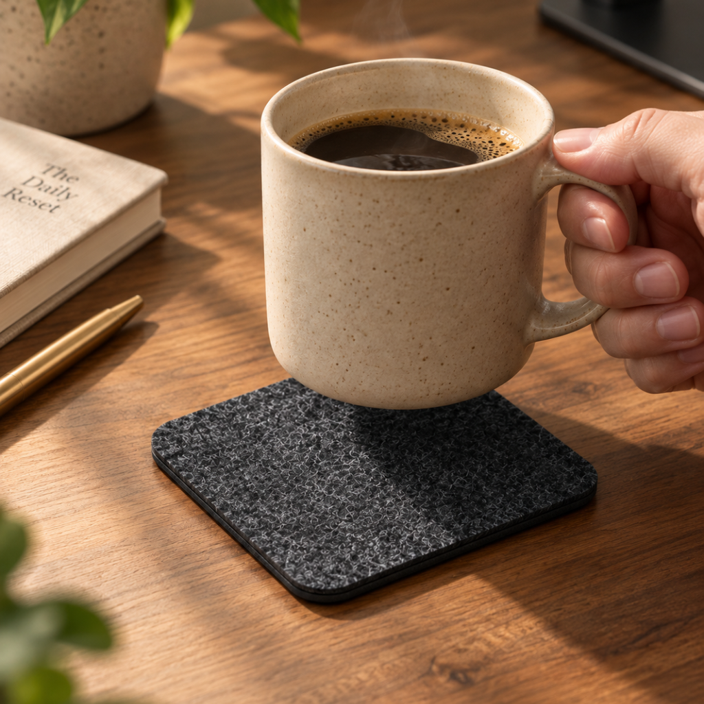 A hand setting a mug down on a felt coaster on a timber desk
