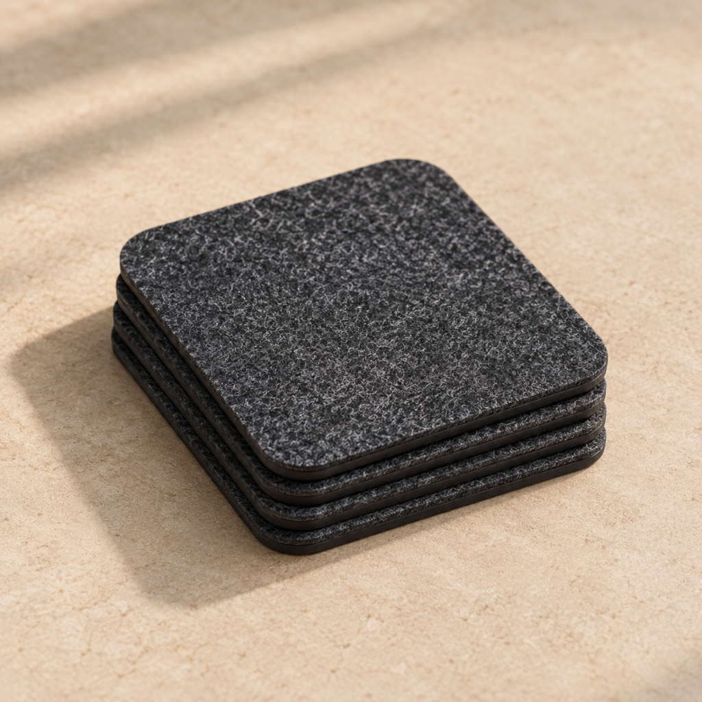 The Felt Coasters, four stacked, on an oat background