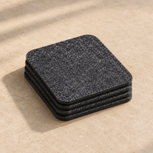 The Felt Coasters, four stacked, on an oat background