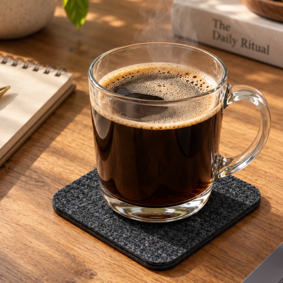A glass of coffee resting on a felt coaster on a timber desk