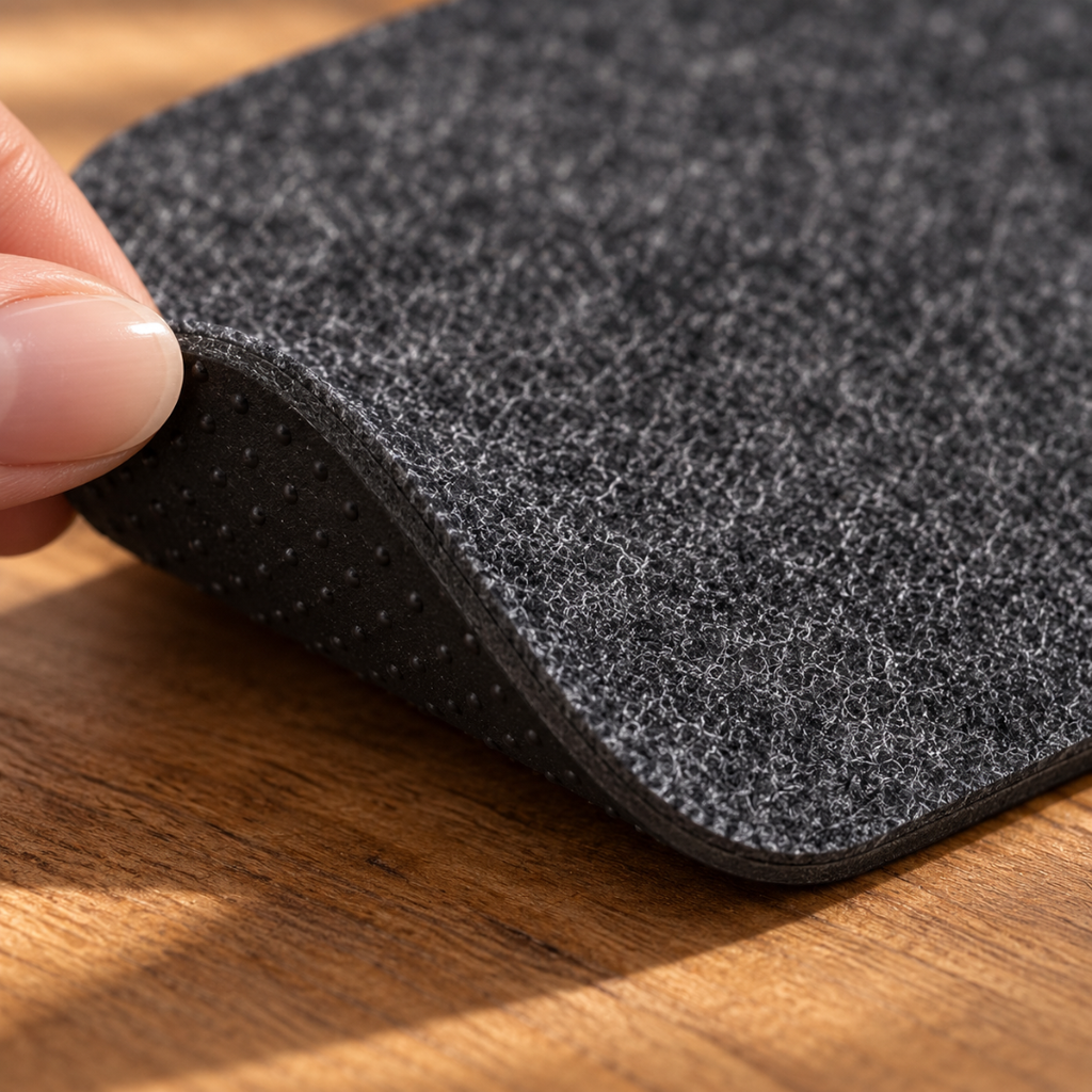 Corner of a felt coaster lifted to show the felt texture and anti slip base