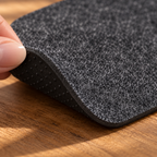 Corner of a felt coaster lifted to show the felt texture and anti slip base