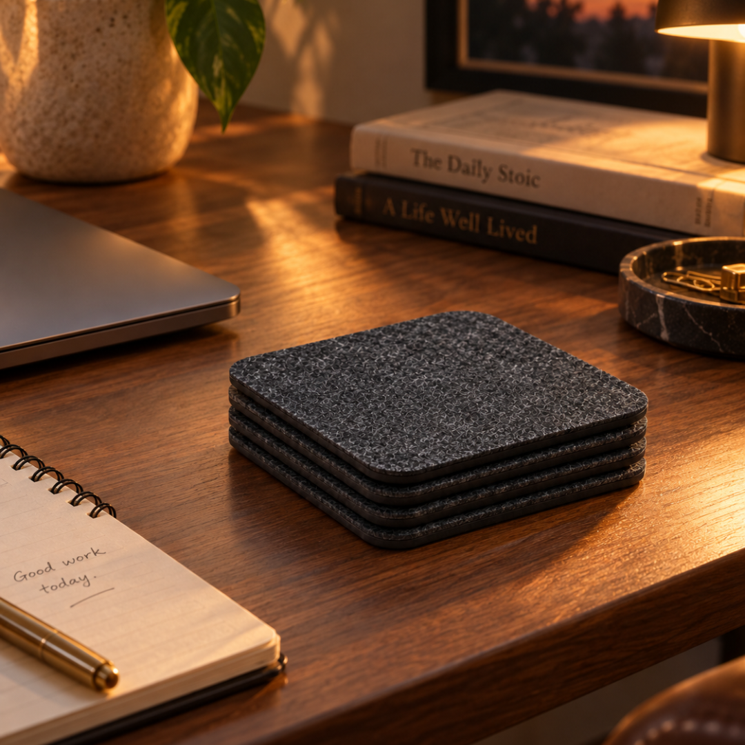 The Felt Coasters stacked on a timber desk beside books