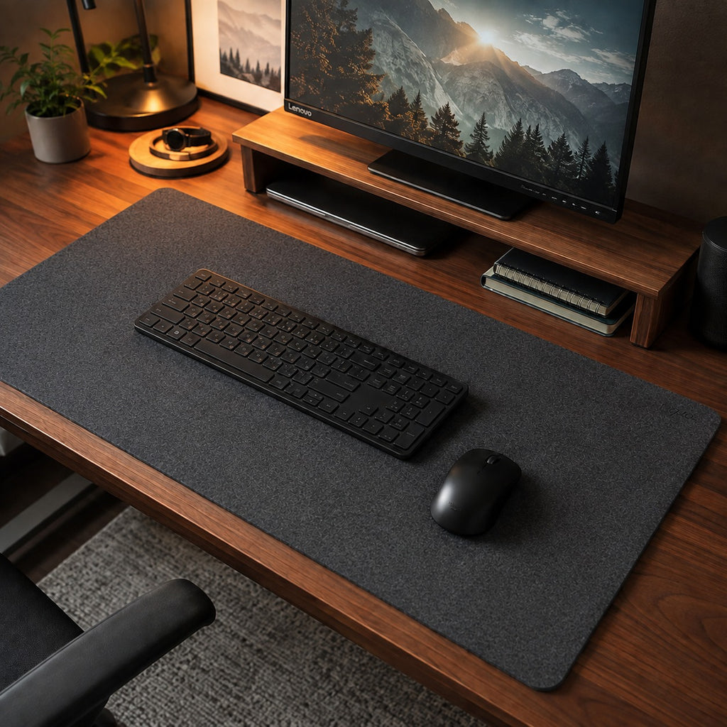 The Felt Desk Mat on a timber desk under a keyboard and mouse