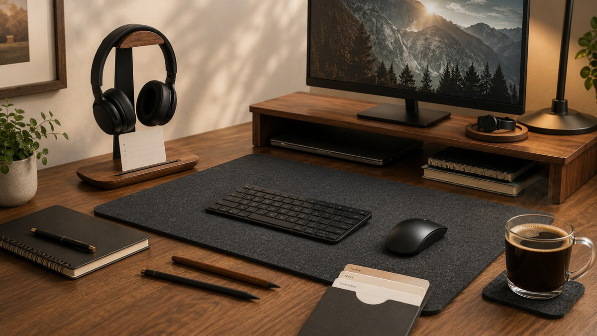 A tidy timber desk with a charcoal felt desk mat under the keyboard, headphones on a walnut stand, a coffee on a felt coaster and a card in a wooden holder